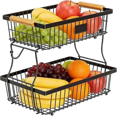 Productafbeelding van Fruitmand 2 Verdiepingen - Etagère Fruit - Keuken Opbergen - Met Bananenhangers - Niet Gespecificeerd - Zwart