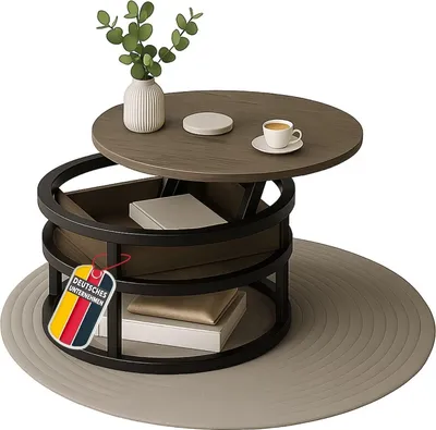 A round coffee table with a wooden top and a black metal frame, featuring storage compartments and a rug underneath.