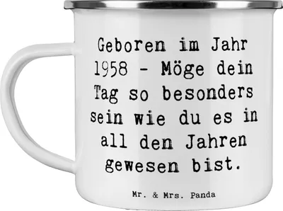 Produktbild von Mr. & Mrs. Panda Teetasse Spruch 1958 Geburtstag - Weiß - Geschenk, besondere Geburtstagswünsche, Alter, Teebecher, becher emaille, Tasse, Haferl, Pott, Happy Birthday