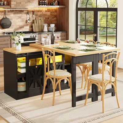 Image de Table multifonctionnelle Flieks avec meuble de rangement latéral, système d'éclairage intelligent rotatif à 360°, table de cuisine, table bar, dimensions 120-197 x 40 x 72 cm, noire