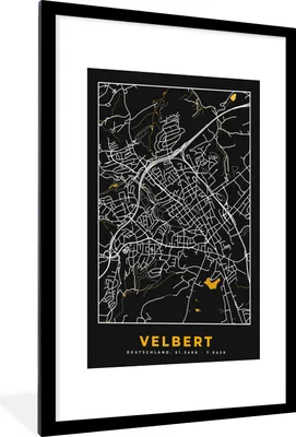 Produktbild von MuchoWow® Gerahmtes Poster Karte - Velbert - Gold - Stadtplan - Deutschland 60x90 cm - Poster mit Schwarzem Bilderrahmen Wandposter Rahmen Foto Bilder - Dekoration - Wandposter Wohnzimmer - Hochwertig