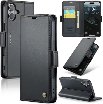 Immagine prodotto di Custodia per iPhone 16 Plus, carta di blocco RFID, custodia in pelle avanzata con funzione di supporto Nero