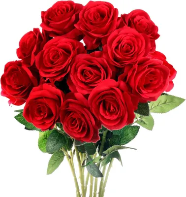 Produktbild von 12 künstliche rote Rosen, Seidenrosen mit Stielen, künstlicher Rosenstrauß, realistische Kunstblumen für Hochzeiten, Tischdekorationen, Heimdekorationen und Partydekorationen – Geschenkidee