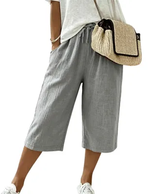Image de ASKSA Pantalon estival en lin pour femmes, coupe 3/4, léger, style Capri. Pantalon ample et confortable, idéal pour les loisirs, la plage ou les vacances. Couleur : gris. Taille : 3XL