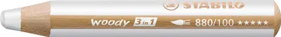 A close-up view of a white and brown STABILO woody 3-in-1 pencil.