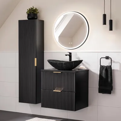 Produktbild von Badezimmer Möbel Set mit Hochschrank, LED Spiegel und Keramik Waschbecken, matt schwarz gerillt, ADELAIDE-56-BLACK, B/H/T ca. 110/200/46,5 cm