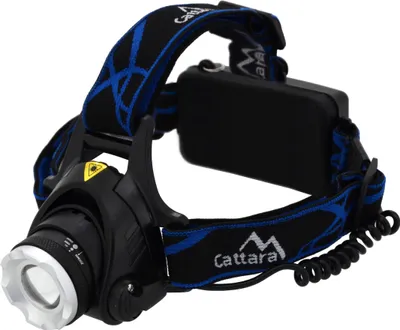 A black and silver Cattara LED headlamp with a blue patterned strap is shown against a white background.