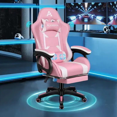 Image de Fauteuil de gaming rose avec fonction de massage et repose-pieds, chaise de bureau ergonomique avec coussin lombaire