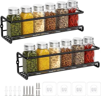 Obrázek produktu pro Kuchyňský stojan na koření, kovový stojan na koření bez vrtání, nástěnný organizér na koření, držák na koření, 29 x 6 x 6 cm (černý, 2 kusy)