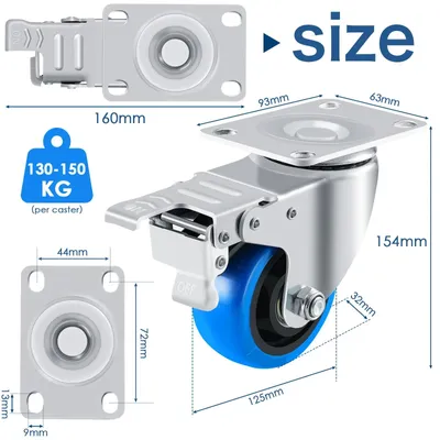 Produktbild von Transportrollen - Schwenkbare Möbelrollen mit Bremse - 4er Set - 125 mm (12,5 cm) - Tragkraft 680 kg - Polyurethan