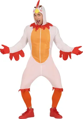 Produktbild von Tierkarneval Spaßvogel Jumpsuit Kapuze Karnevalskostüm Fasching Kleidung Erwachsene Tierkostüm Einteiler Uni Outfit Gelb Rot Weiß, Größe: 52 - 54 (L) Farbe: Weiß