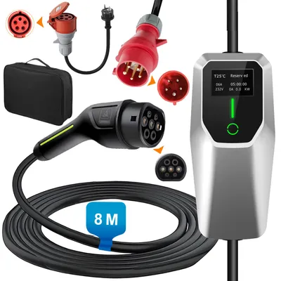 Produktbild von Typ 2 EV Ladegerät 11KW 16A Mobiles Elektroauto Ladekabel 3-phasig CEE Stecker Stromstärke einstellbar (8-16A) 8 Meter 11KW auf 3,5KW Adapter Tasche