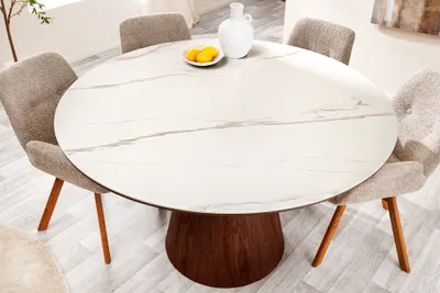 Produktbild von riess-ambiente Runder Esstisch UNIQUE 120cm weiß braun Walnussholz-Design Keramik Marmor Säulenfuß