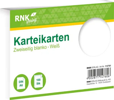 Zdjęcie produktu dla RNK Verlag 114760 Karty indeksowe - DIN A6, czyste, białe, 100 kartek