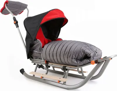 Produktbild von Schlitten Kinderschlitten mit Winterfußsack Metall Rückenlehne Holzsitz Metallschlitten; Grau - Schwarz - Rot