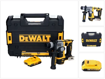 A collage of images showing a DeWalt rotary hammer drill, its case, and a battery pack.