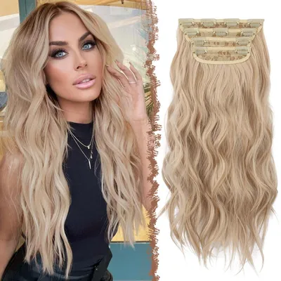 Image de Extensions à clipser, 4 pièces, ondulées, couleur miel blond/platine blond, 50 cm, matière synthétique
