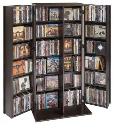 Obrázek produktu pro Skříňka na DVD a regál na CD – stojanový regál s 24 přihrádkami – úložný prostor pro CD, DVD, knihy, hry – úspora místa – rozměry 61 x 36,8 x 127 cm – černá
