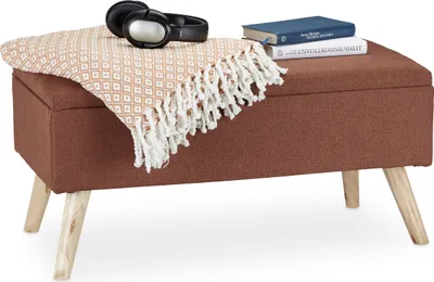 Produktbild von Relaxdays Sitzbank mit Stauraum, gepolstert, Holzbeine, Truhenbank Stoffbezug, H x B x T: 39,5 x 79,5 x 39,5 cm, braun