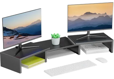 Immagine prodotto di Omgoods - Supporto per due monitor da scrivania, organizer in metallo nero