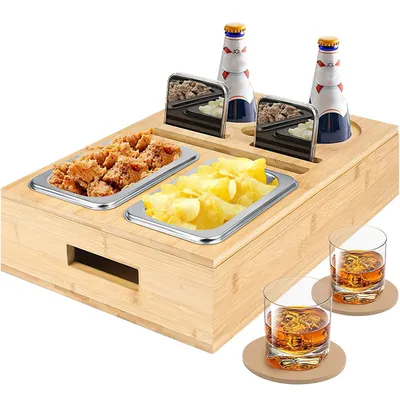 Produktbild von Obstschale Snackbox mit Snackschalen aus Edelstahl und Zwei Untersetzern (Tablett Holz Sofatablett Organizer Flaschenhalter mit Abnehmbarem), für Sofa