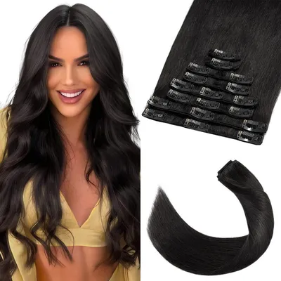 Obrázek produktu pro Clip-in prodlužovací vlasy, přírodní vlasy, 8 kusů, barva: černo-hnědá, délka: 25 cm