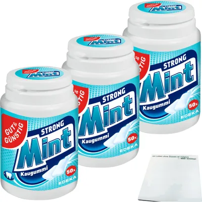 Produktbild von Gut & Günstig Kaugummi Peppermint Strong Mint zuckerfrei 3er Pack (3x50 Stk. Dose) + usy Block