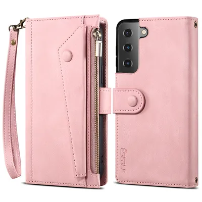 Obrázek produktu pro Ochranné pouzdro pro Samsung Galaxy S21 5G, kožené pouzdro na zip, skládací peněženka s přihrádkou na karty, stojánek a poutko Růžový
