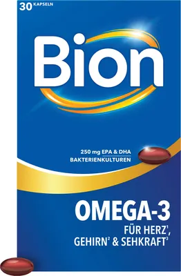 Produktbild von Bion Omega-3 Kapseln mit Bakterienkulturen für Herz, Gehirn und Sehkraft, 30 St. Kapseln