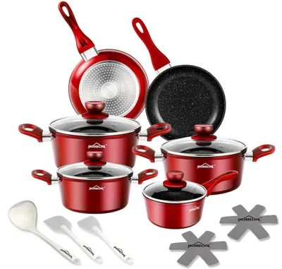 Produktbild von Topfset Induktion 15-Tlg Topfset Pfannenset Kochtopfset, Aluminium Antihaft-beschichtete Töpfe & pfannen,Cookware-Rot(HLCW15RD)