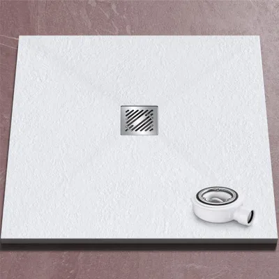 Produktbild von doporro Duschwanne Duschtasse 90x90x3cm aus Mineralguss in Weiß Rechteckig DIN-Anschlüsse für bodenebene Montage geeignet inkl. Ablaufgarnitur AL06 Geoma 09