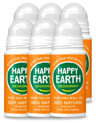 Produktbild von 6 x Happy Earth Deodorant Roll-On Rose Petitgrain - 75 ml - Vorteilspackung - 6 Stücke