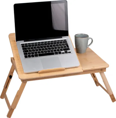 Image de Table pour ordinateur portable Table de lit réglable pour ordinateur portable - Support pour ordinateur portable Lit - 21,5 x 27,5 CM - Table de lit pliable - avec porte-boisson et emplacement pour tablette - bois de bambou