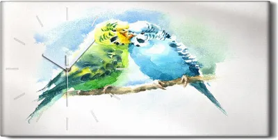 Produktbild von Wanduhr Leinwand Bild Uhr 60x30 Aquarell Haustiervögel Wellensittiche - weiße Hände