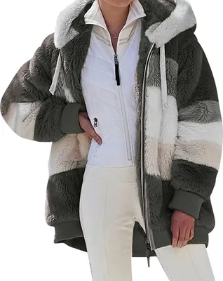 Produktbild von ASKSA Damen Fleecejacke Strickjacke Einfarbig Reißverschluss Kunstpelzjacke mit kapuze, A-Armeegrün, XL