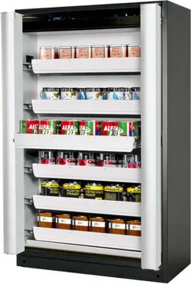 Produktbild von Transportabler Sicherheitsschrank Typ 90 - Falttüren - ca. 2 x 1,2 x 0,6 m (HxBxT) - 4 Auszugswannen - lichtgrau - Edelstahl