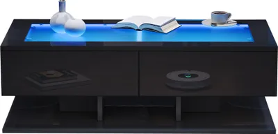Produktbild von MODFU Hochglanz-Couchtisch mit LED,Wohnzimmertisch Schwarz Sofatisch mit 2 Schubladen,Kaffeetisch mit Glasplatte