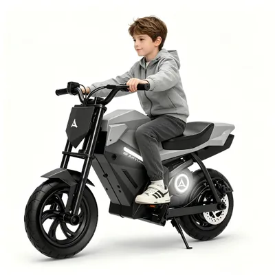 Produktbild von Elektro Motorrad Kinder 12,5 Zoll, 250W Elektromotorrad mit 21,6V 4Ah Lithium-Akku, bis 16 km/h, Luftreifen, Ambientebeleuchtung, Ab 8 Jahren, Grau