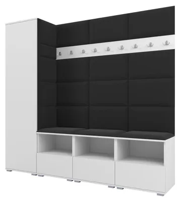 Produktbild von Garderobe NELA IX 200 cm Modulare Flurmöbel Weiß mit Sitzpolster Schwarz 16 (Breite Sitzbank)