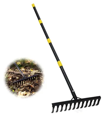 Produktbild von Gartenrechen 189 cm, Metallrechen mit Stiel, Harke mit 12 Stahlzinken zum Lockern des Bodens und Nivellieren des Rasens, Laubbesen, Rasenrechen, Gartengerät für Rasen und Blätter