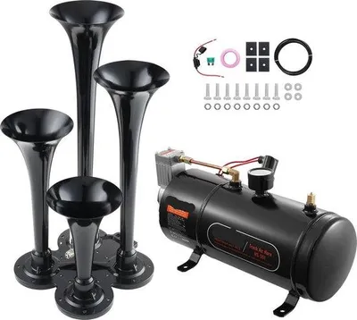 Zdjęcie produktu dla Klakson samochodowy – 4 sztuki – klakson pneumatyczny – 12 V – z kompresorem – 150 dB – czarny
