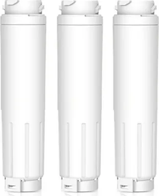 Three white water filter cartridges are arranged vertically in a row against a white background.