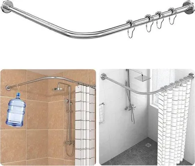 Zdjęcie produktu dla Regulowany drążek na zasłonę prysznicową w kształcie litery L - W zestawie 18 pierścieni - Stal nierdzewna - Wysuwany - Do wanny/prysznica - 70-100x110-170 cm