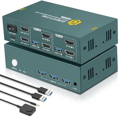 Zdjęcie produktu dla Przełącznik KVM HDMI i USB 3.0 dla 2 komputerów i 2 monitorów, obsługujący rozdzielczość 4K przy 60 Hz