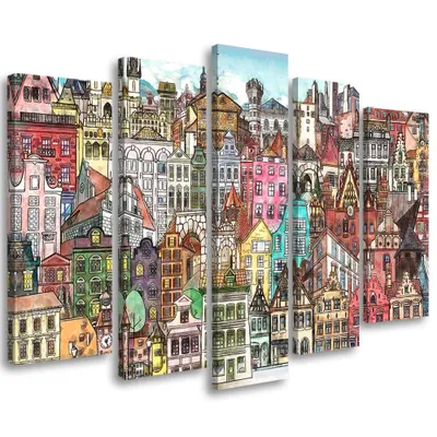 Produktbild von 5-teiliges leinwandbild fröhliche stadt 100x70 cm Feeby farbe wandbild bereit zum aufhängen