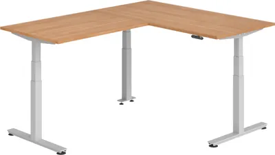 Produktbild von bümö Eckschreibtisch elektrisch höhenverstellbar L-Form - Gestell: Silber, Nachbildung: Nussbaum, Größe: Eckschreibtisch 160 x 200 cm