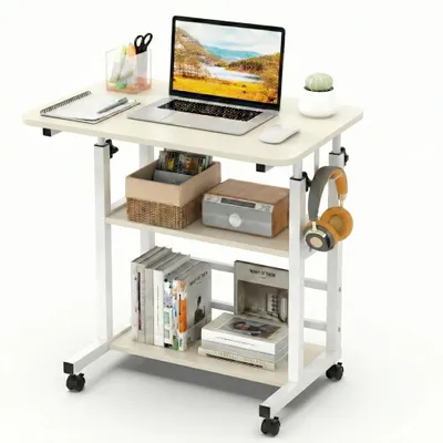 Produktbild von Höhenverstellbarer Betttisch mit Rollen 40×80×56–82 cm, 3 Ebenen, Stabiler H-Stahlrahmen, Mobiler Laptop Pflegetisch mit Feststellbaren Rädern, Weiß, KI-generiertes Bild