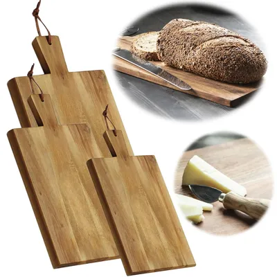 Produktbild von LS-LebenStil Holz Frühstücksbrett Schneidebrett 35cm lang Akazie Holzbrett mit Griff Servierbrett Brotzeitbrett Vesperbrett Küchenbrett Tranchierbrett