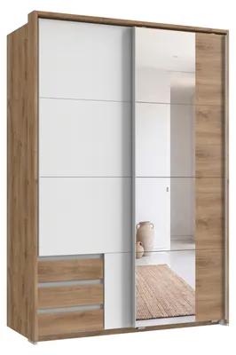 Obrázek produktu pro Zavěsná skříňka s dvířky, 2 zásuvky, šatní skříň, 138 cm, buk, bílá barva, zrcadlo, rám / 22684