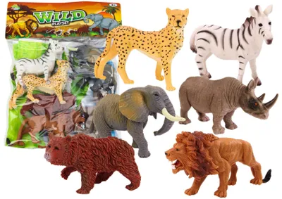 Image de Lot de 6 figurines d'animaux sauvages éléphant lion rhinocéros